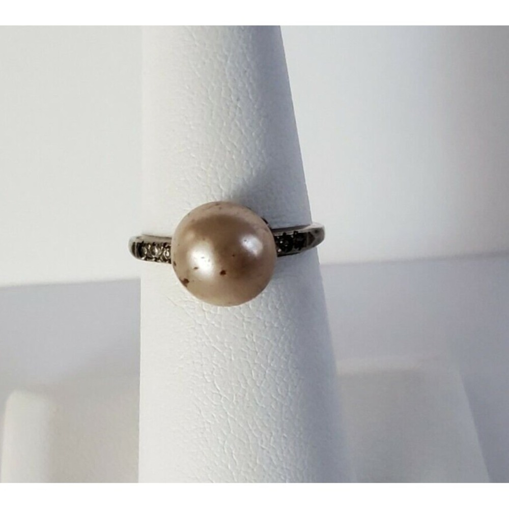 Vintage Retro Sterling Silver Large Faux Pearl Clear Rhinestones Size 6.25 Ring